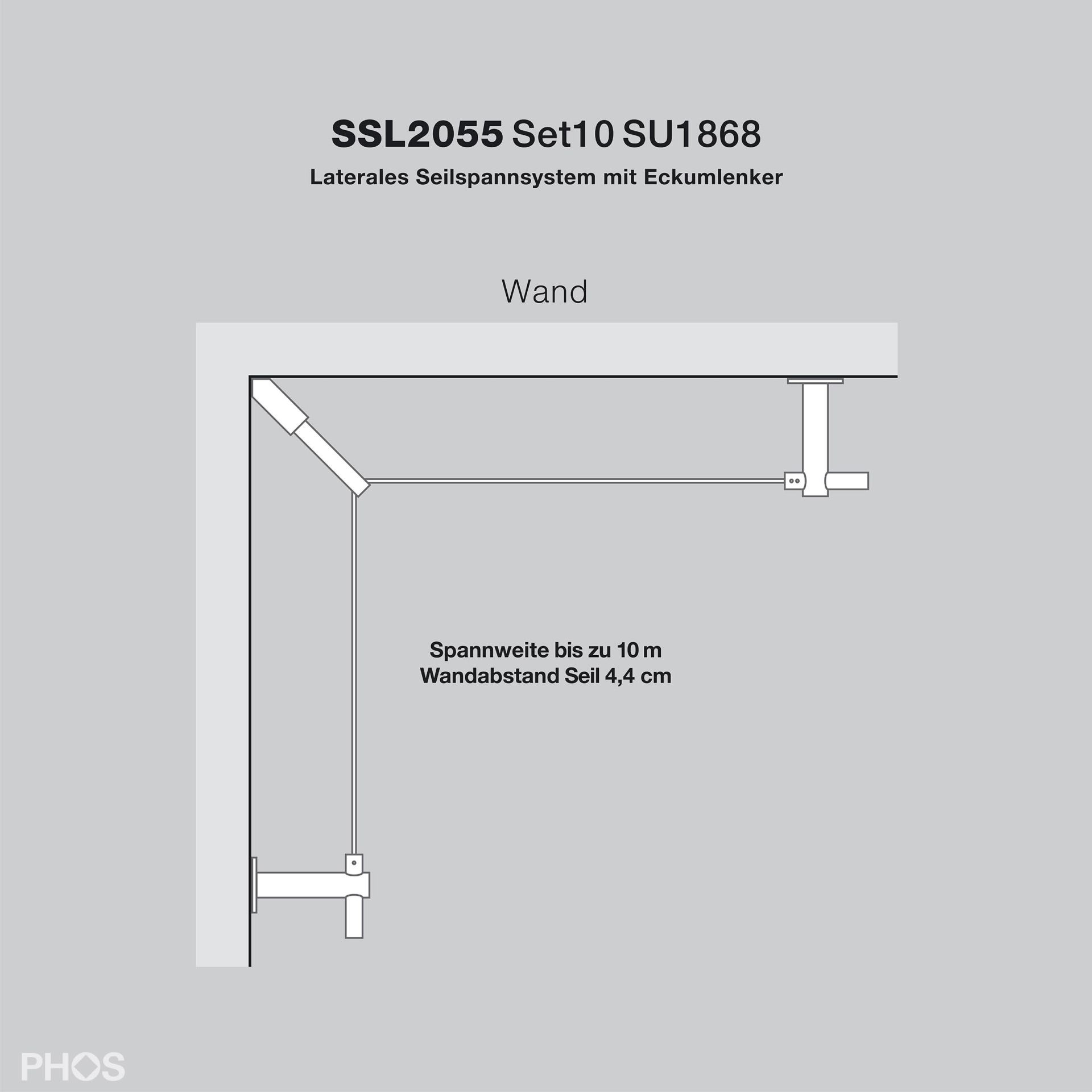SSL2055Set10SU1868 Система боковой натяжки троса через внутренний угол, пролет до 10 м, расстояние до стены 4,4 см PHOS  - Вид №2