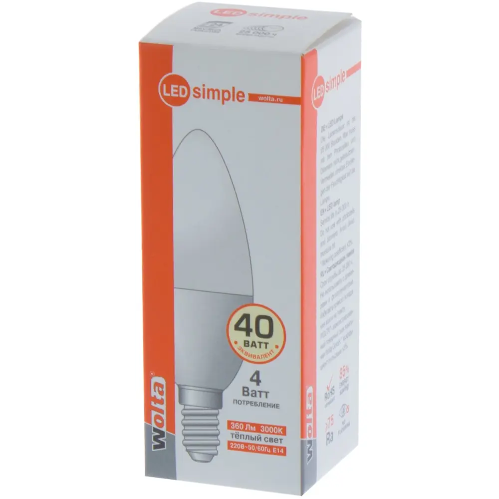 Лампа светодиодная Wolta свеча E14 4 Вт 360 Лм свет тёплый белый STLM-2124976 - Вид №1
