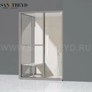 Effegibi H MEDIUM LO81010006 Комбинированная баня: хаммам и душ. Установка: в правый угол. Левая дверь. Мощность: 3 кВт макс. Размеры: длина 152 см, ширина 102 см. Отделка: матовый лакированный серый аллюминий и бежевый ламинат из керамогранита.
