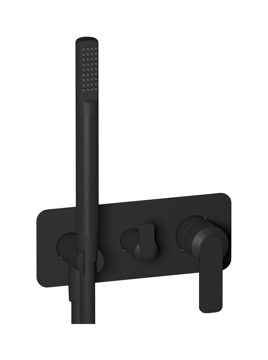 Внешние части встроенного в стену смесителя на 3 потребителя в комплекте с душевым гарнитуром. WE ARE IB c6314np Matt Black C-67