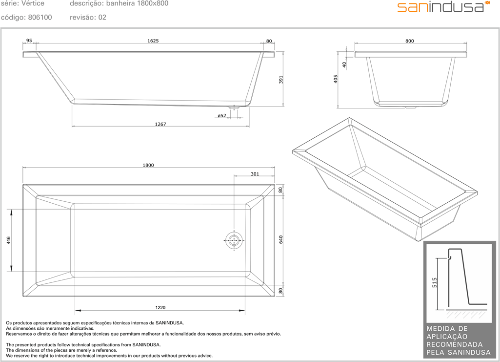 Ванна акриловая Sanindusa Vertice 180x80 8061000000 - Вид №1