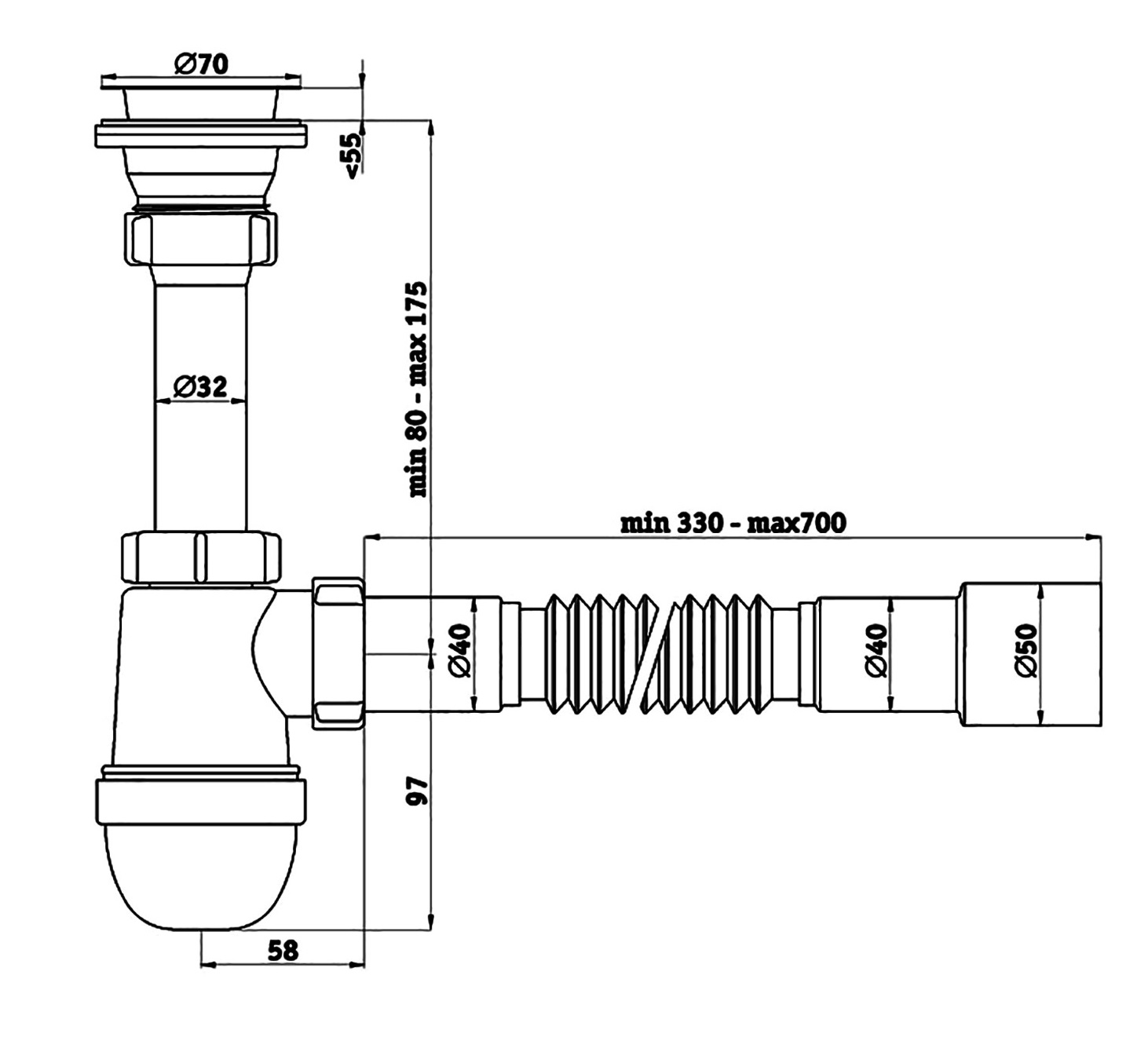 Сифон для кухонной мойки АНИ 1 1/2"х40 с гибкой трубой 40х40мм С0105 АНИ пласт 7247 - Вид №1