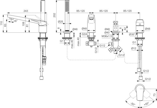 Смеситель для ванны с 4 отверстиями и ручным душем Ideal Standard La Dolce Vita ARCH-00092471 - Вид №4