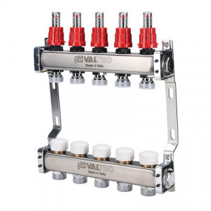 VTc.584.EMNX.0609 Блок коллекторный из нержавеющей стали с регулирующими клапанами и расходомерами Valtec 1", 9 x 3/4", "евроконус"