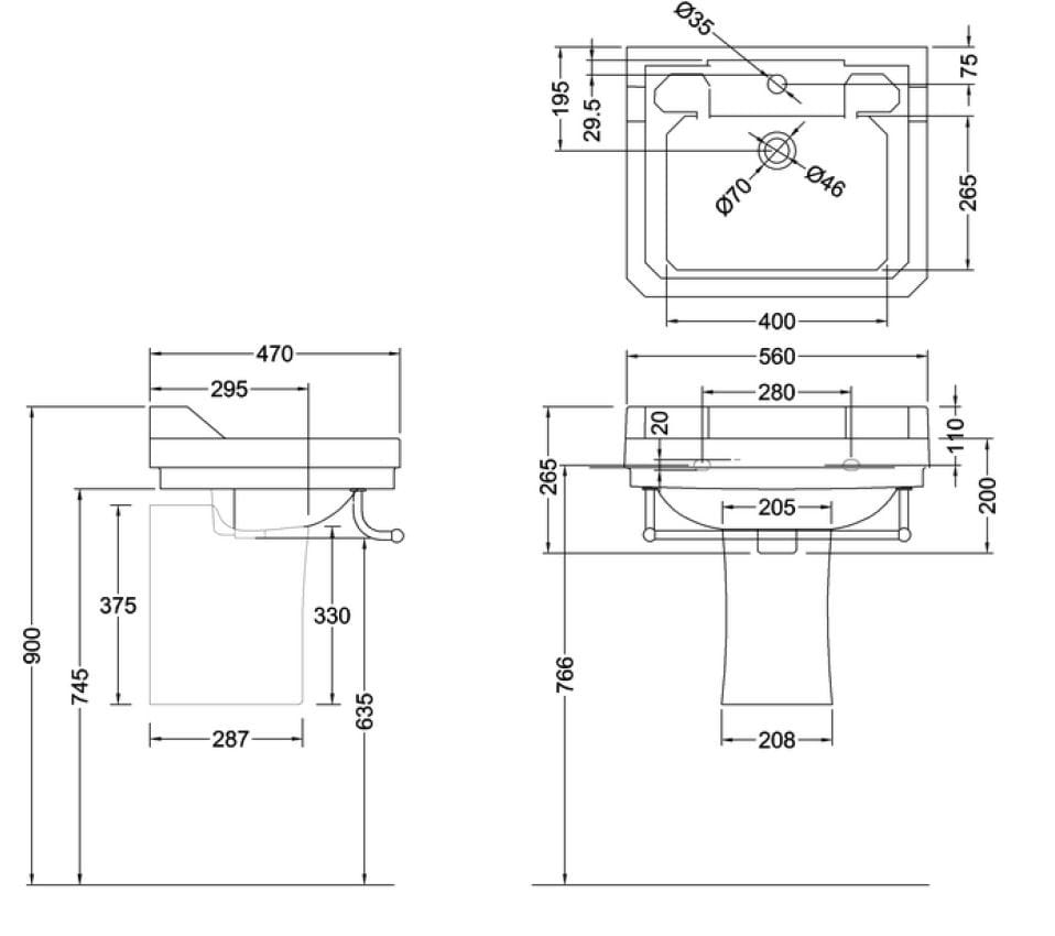 Прямоугольный умывальник из окна на полуколонне Burlington Эдвардианская ARCH-00138195 - Вид №3
