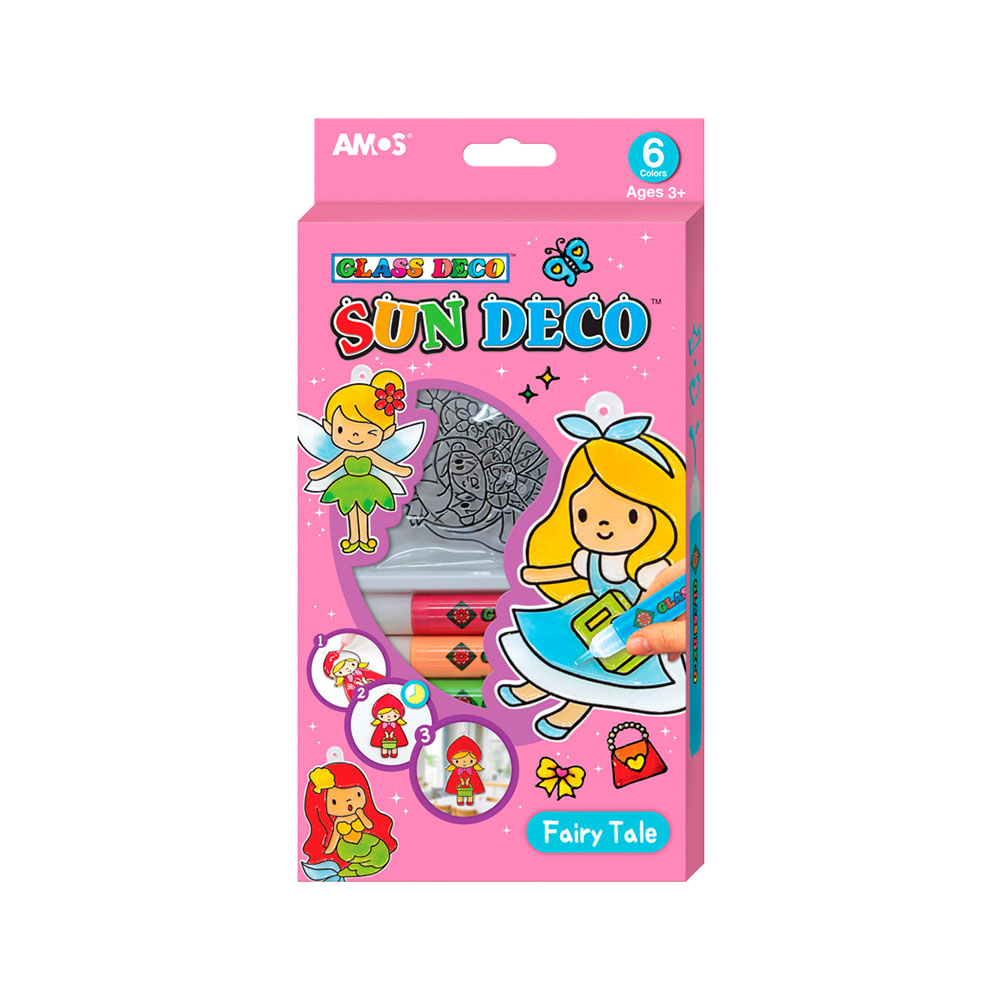 22982 Набор витражных красок с витражами "Сказка", 6 цв. по 10,5 мл, витражи пластиковые мини 6 шт. AMOS 
