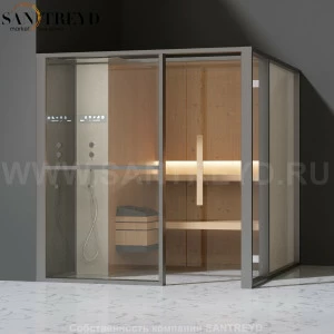 Effegibi LOGICAFILO S LO21010006 Сауна. Установка: в левый угол. Левая дверь. Мощность: 6 кВт макс. Размеры: длина 214 см, ширина 250 см. Отделка: канадский хемлок, матовый лакированный серый аллюминий и бежевый ламинат из керамогранита.