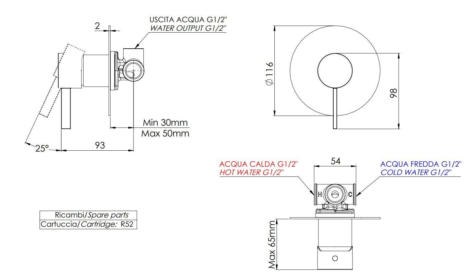 Однорычажный встраиваемый смеситель для ванны с пластиной Remer Rubinetterie метрическая ARCH-00114641 - Вид №2