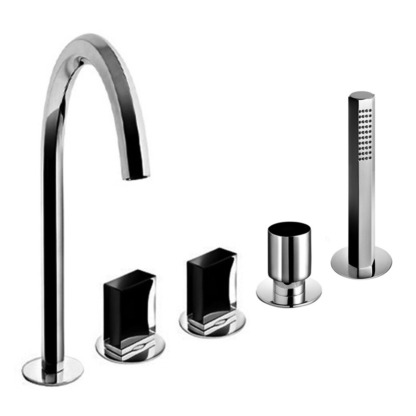 N465S  Набортный смеситель для ваннывылет 17,5 см без ручек на 5 отверстий переключатель на 2 потока с кнопкой ручная лейка VENEZIA гибкий шланг 150 см картридж керамический 90° впуски 3/4'' подводка ручки заказываются отдельно, см. раздел ''Ручки'' Fanti Fantini Rubinetti