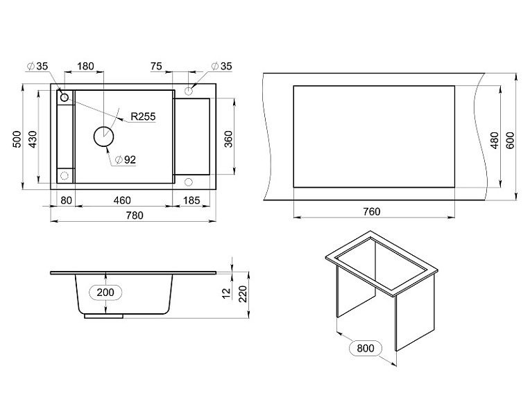 7806, ГРАФИТ (ЧЁРНО-СЕРЫЙ), кухонная мойка, кварц GRANULA 7806-ST185 - Вид №3