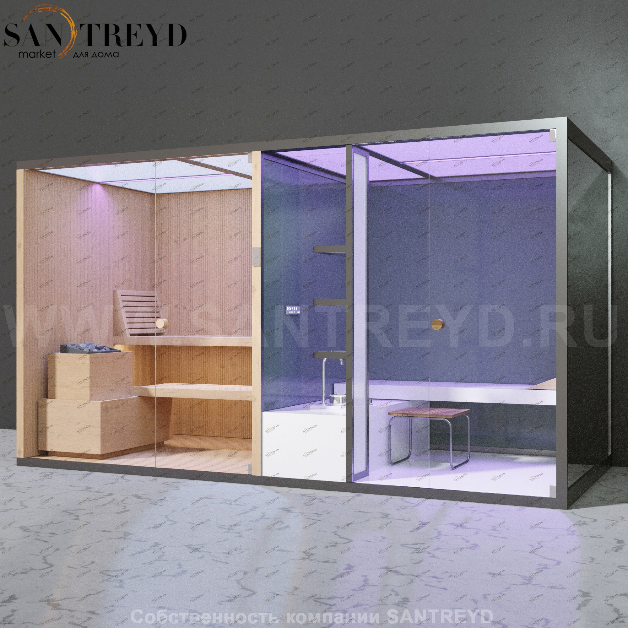 Effegibi BODYLOVE SH BL40130006 Фронтальная комбинированная баня: хаммам и сауна. Установка: к стене. Мощность: 15 кВт макс. Размеры: длина 393 см, ширина 176 см. Отделка: канадский хемлок, гладкое стекло и гладкий хемлок.