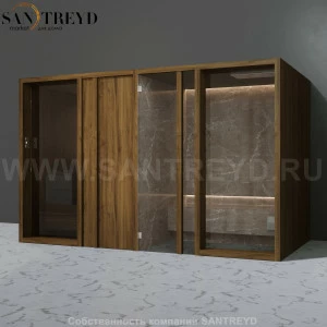 Effegibi YOKU.D SH YO.20320004 Комбинированная баня: хаммам и сауна. Установка: к стене Мощность: 10,5 кВт макс. Размеры: длина 342 см, ширина 170 см. Отделка: чёрный орех и темный керамогранит