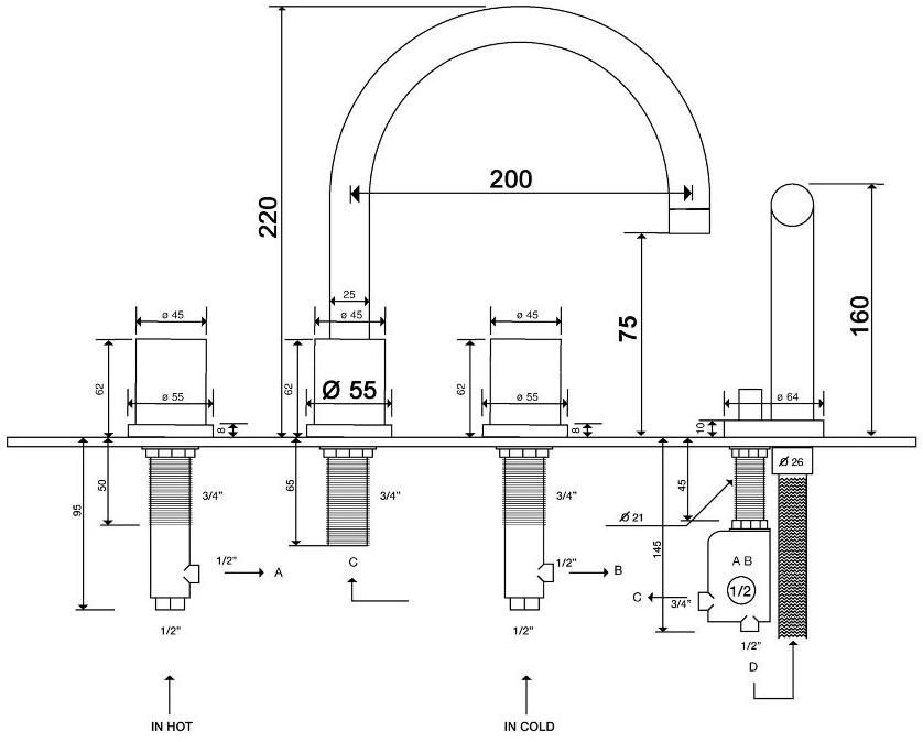 rvb Комплект для ванны с ручным душем на 4 отверстия Flamant docks 4080.--.70 - Вид №5