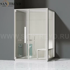 Effegibi H MEDIUM LO81020003 Комбинированная баня: хаммам и душ. Установка: в левый угол. Правая дверь. Мощность: 3 кВт макс. Размеры: длина 152 см, ширина 102 см. Отделка: матовый лакированный белый аллюминий и серый ламинат из керамогранита.