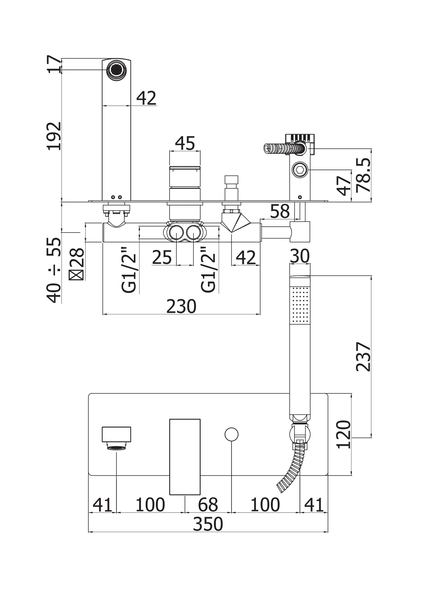 Встраиваемый смеситель для ванны и душа однорычажный в комплекте с ручным душем CEZARES EFFECT-VDM2-01 - Вид №1
