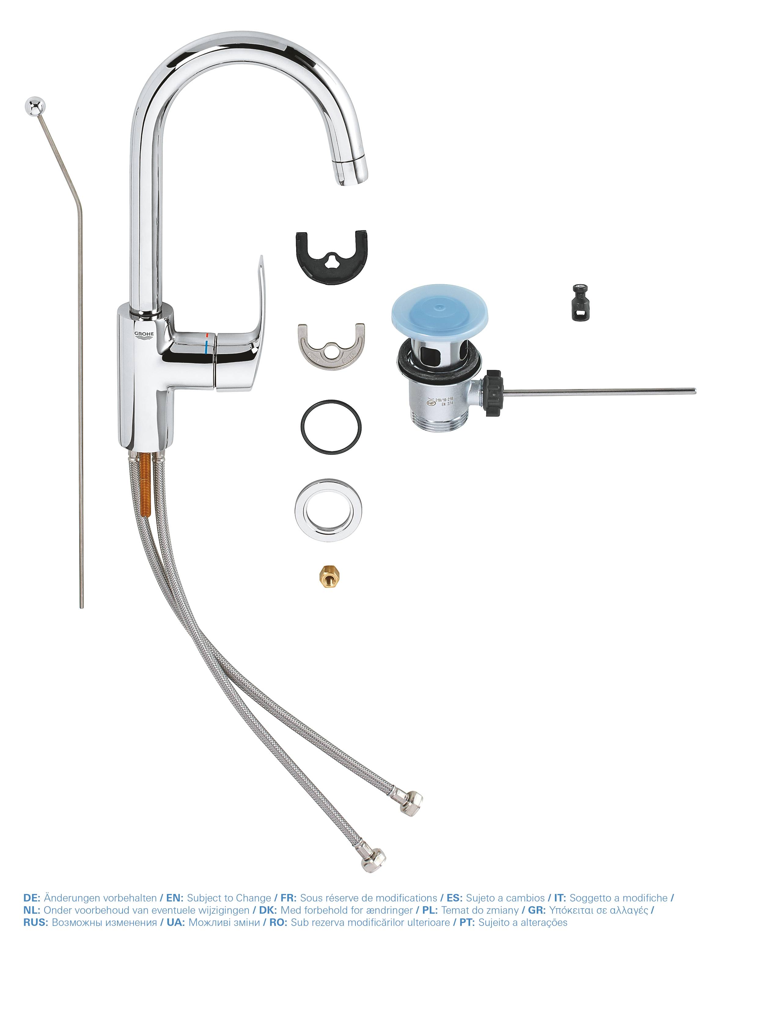 Смеситель для раковины GROHE Eurosmart New с высоким изливом и донным клапаном, L-size, хром (23537002) - Вид №2