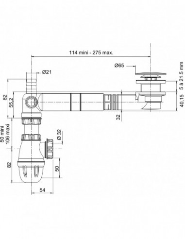 624800 000 00  Сливной комплект для раковины с очень плоской трубкой TBXP, h. 40 мм, двухкомпонентный сифон со смещением, нержавеющая сталь Valentin Хром  - Вид №2