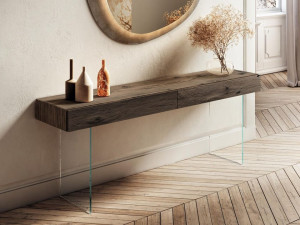 Стеклянная и деревянная консоль с ящиками