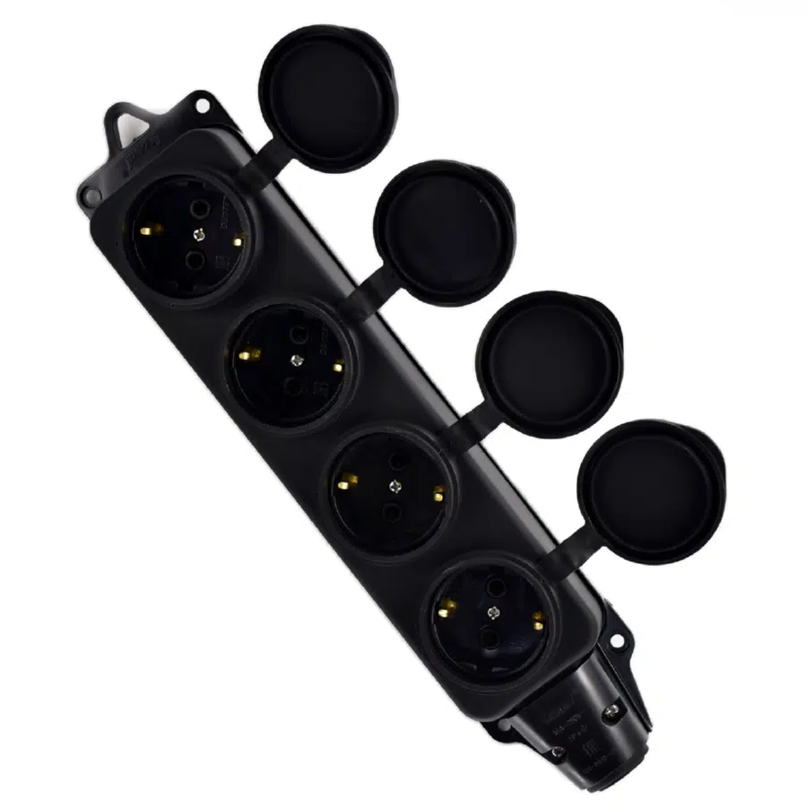 Розетка наруж. уст-ки 4-ая с заглушками 2Р+РЕ 1х16А 220-240V (каучук) черный LEZARD 106-0400-0107 - Вид №5