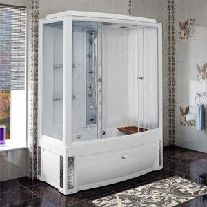 Душевой бокс "ЭЛИС компл. 1" (левое исполнение), чаша ванны, рама-подставка, слив-перелив полуавтоматический, фронтальная панель, торцевая панель, боковая стенка, задняя стенка, крыша, стеклянные шторки (прозрачные),  контроллер 300, функция «Пар», FM-при