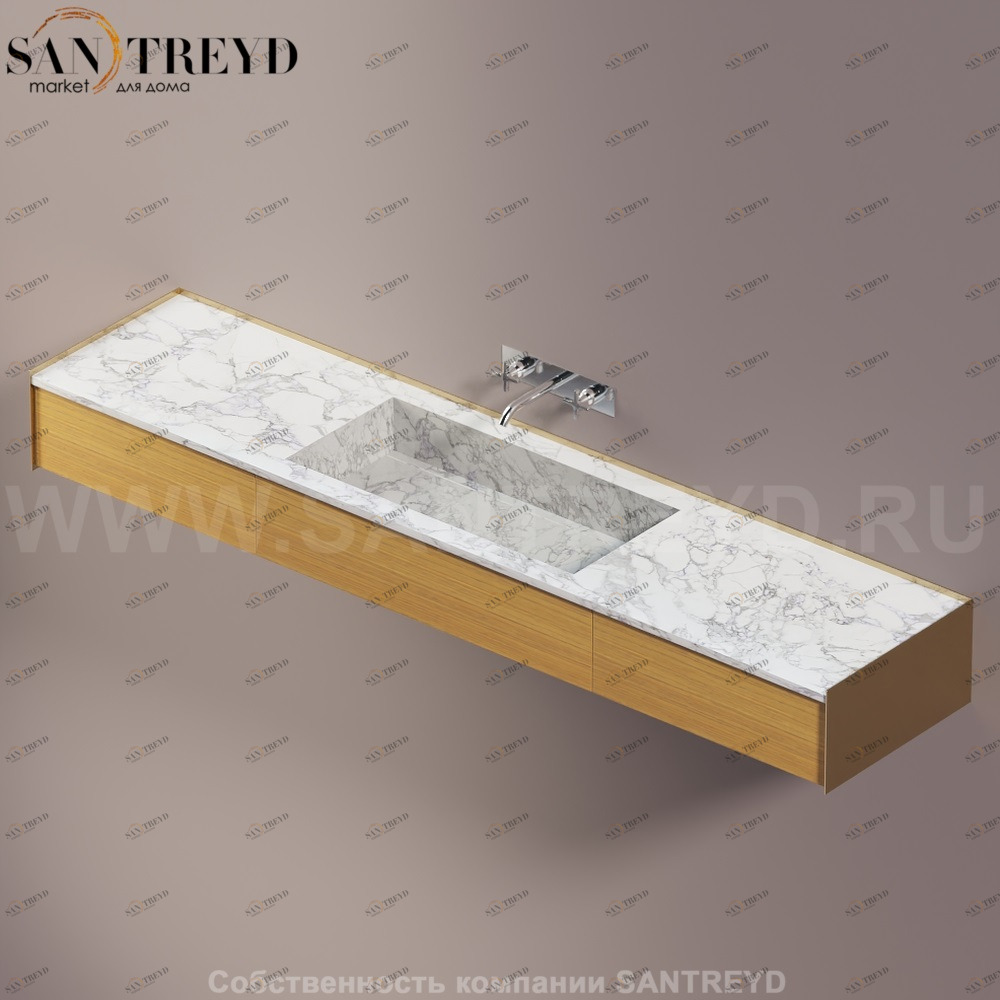 Agape DR Раковина столешница 220 см, с 3-мя выдвижными ящиками. Отделка: бронза , белый мрамор и тик ADRP22CNRMCPT