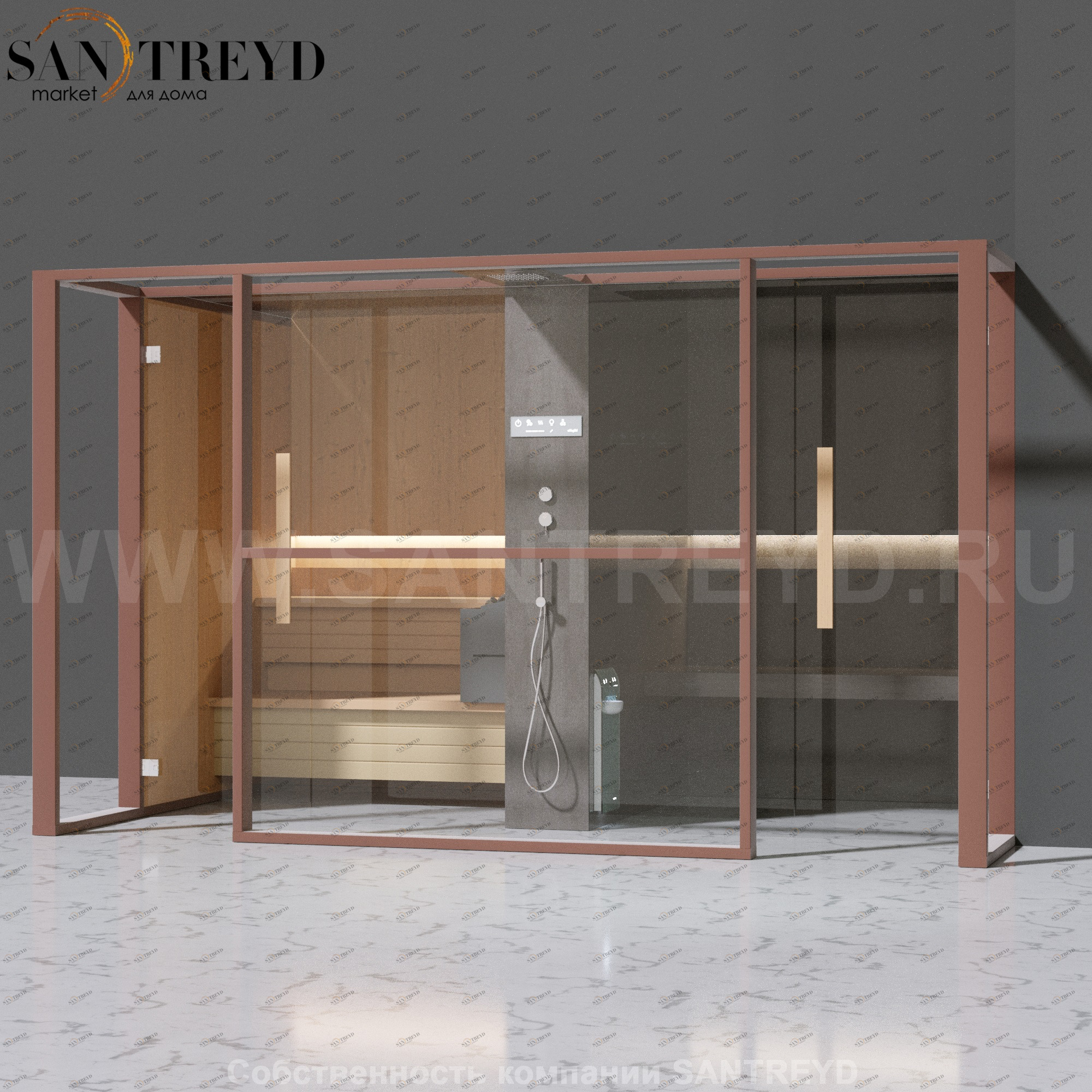 Effegibi LOGICAFILO LO11030005 Комбинированная баня: хаммам и сауна. Установка: в правый  полуугол. Мощность: 10,5 кВт макс. Размеры: длина 373 см, ширина 250 см. Отделка: канадский хемлок, матовый лакированный коричневый аллюминий и темный ламинат из кер
