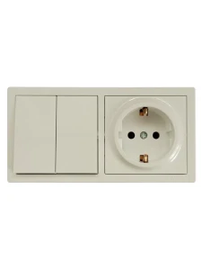 LETO Выключатель двойной и розетка с/з, крем горизонталь