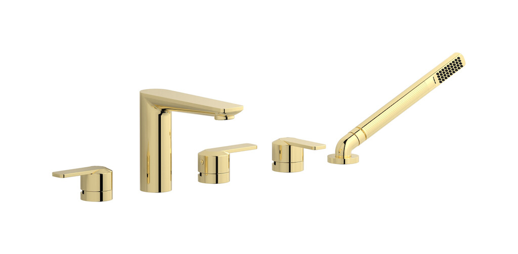 Смеситель на бортик ванной на 5 отверстий с дивертером и душевым гарнитуром. WE ARE IB c6396ii Pale Gold C-67