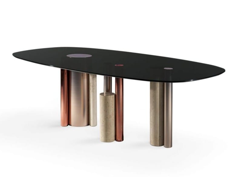 Овальный стол со стеклянной столешницей и стальным основанием и камнем ROCHE BOBOIS силос ARCH-00134604 - Вид №1