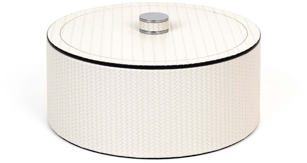 Круглая шкатулка Lucy - Ø 17XH13 см / металлическая отделка_хром / зернистая кожа_темно-серый