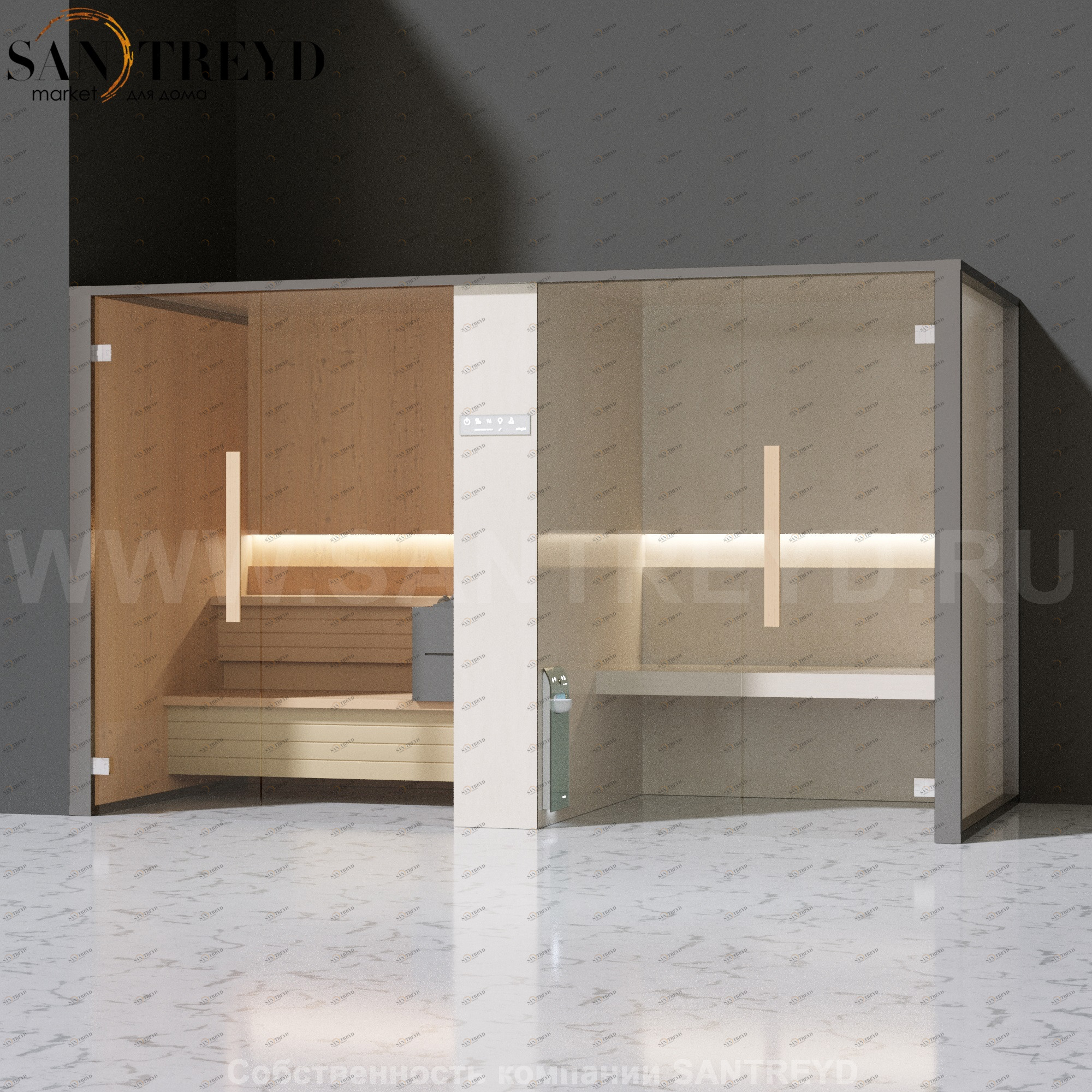 Effegibi LOGICAFILO SH LO41010003 Комбинированная баня: хаммам и сауна. Установка: в левый угол. Мощность: 10,5 кВт макс. Размеры: длина 373 см, ширина 171 см. Отделка: канадский хемлок, матовый лакированный серый аллюминий и бежевый ламинат из керамогран