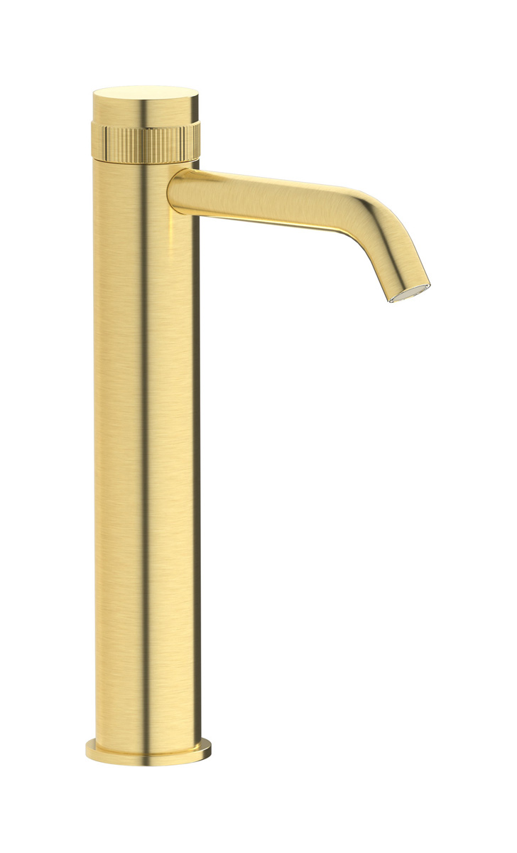 Высокий монорычажный прогрессивный смеситель на раковину в комплекте с донным клапаном. WE ARE IB rx202is Brushed Pale Gold Reflex