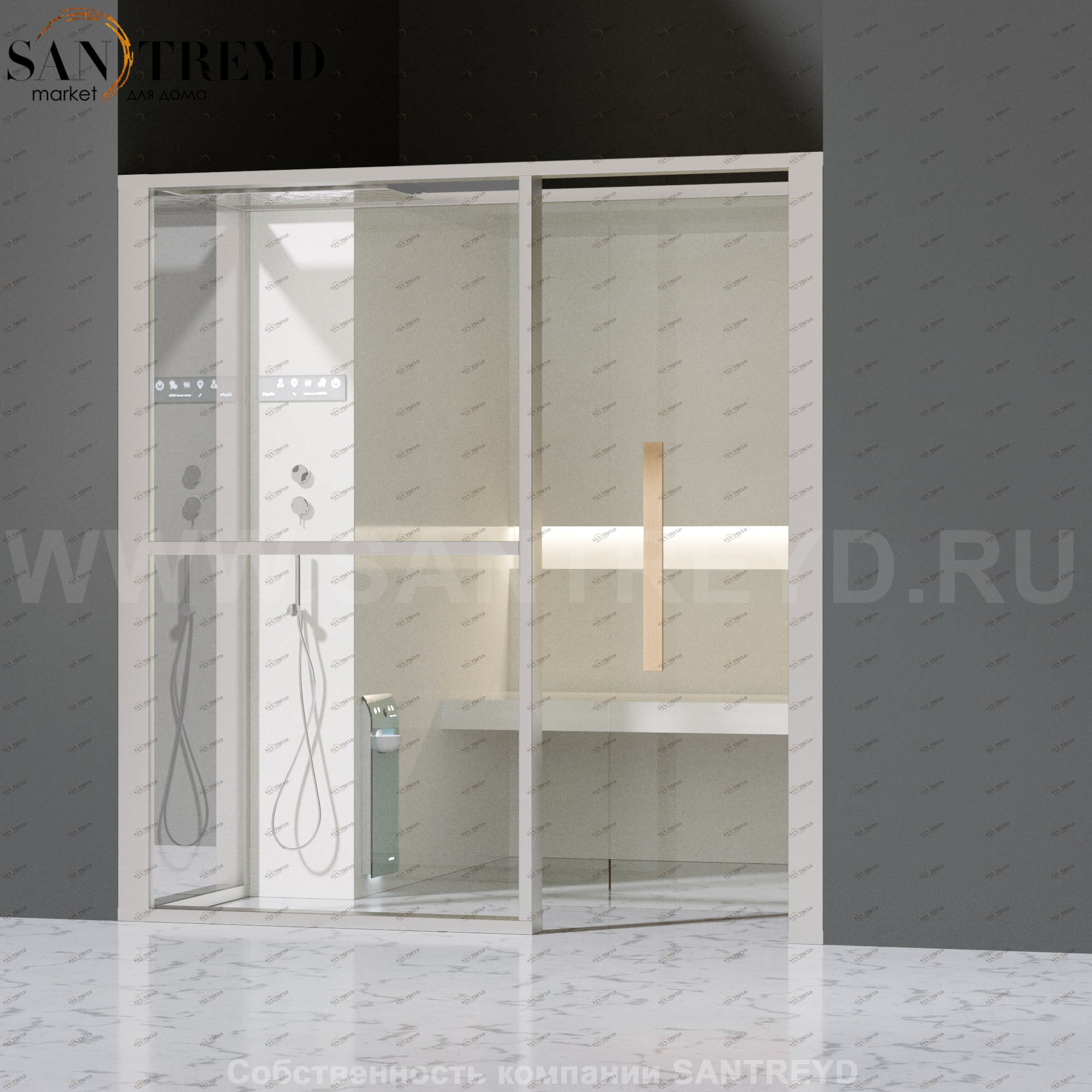 Effegibi LOGICAFILO H LO31020010 Хаммам. Установка: в нишу. Левая дверь. Мощность: 4,5 кВт макс. Размеры: длина 214 см, ширина 250 см. Отделка: матовый лакированный белый аллюминий и серый ламинат из керамогранита.