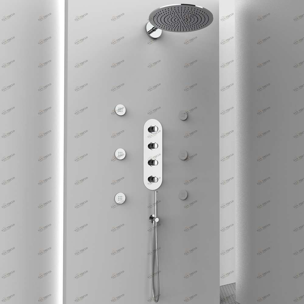 Graffio Круглая внутренняя часть душа. <br /> Кронштейн, лейка для душа, 3-х сторонний термостат, <br /> подключение к водопроводу с / приставка, душ и гибкий шланг, 6 жетонов. AM040 T 