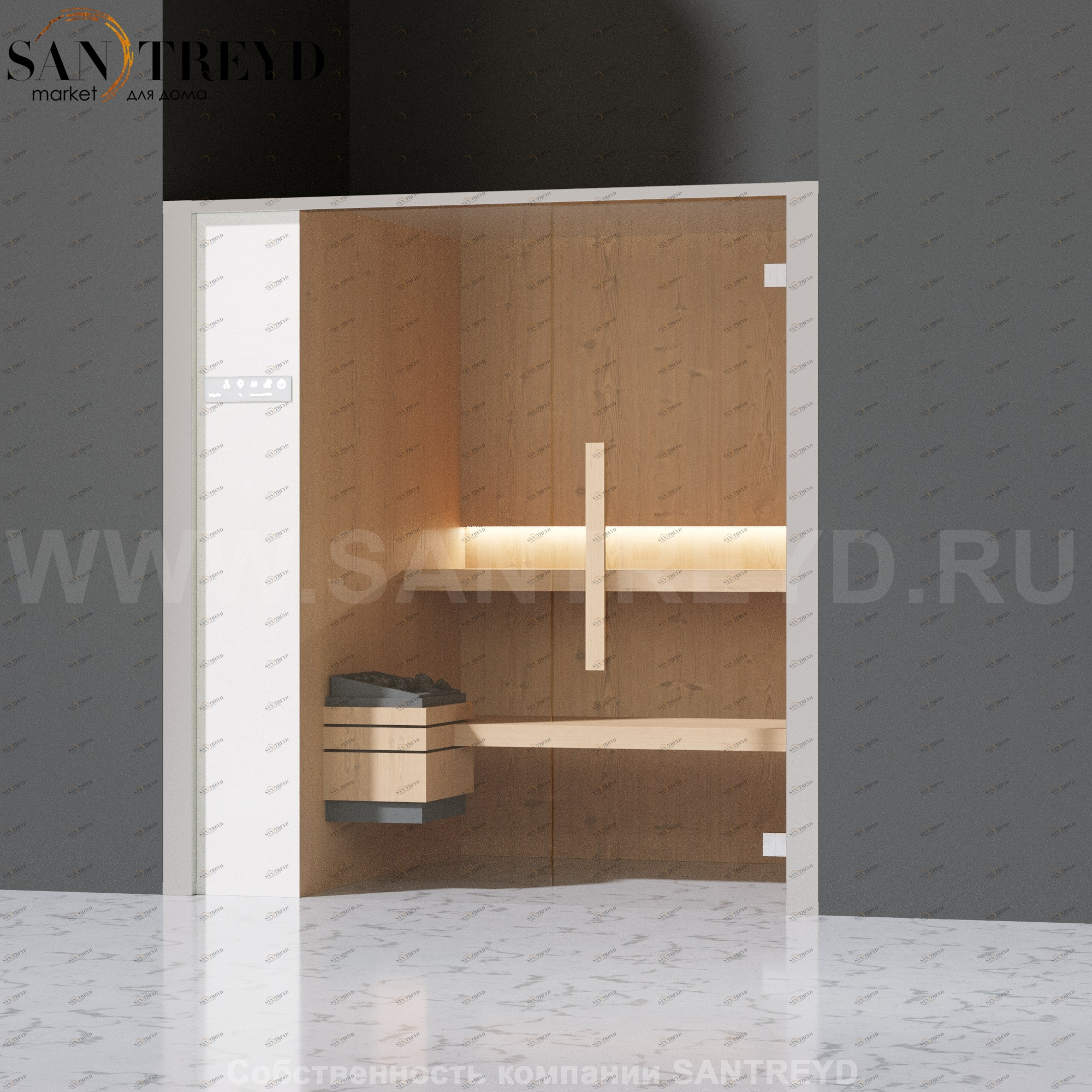 Effegibi ONEFILO S LO51020010 Сауна. Установка: в нишу. Левая дверь. Мощность: 4,5 кВт макс. Размеры: длина 214 см, ширина 171 см. Отделка: матовый лакированный белый аллюминий и серый ламинат из керамогранита.