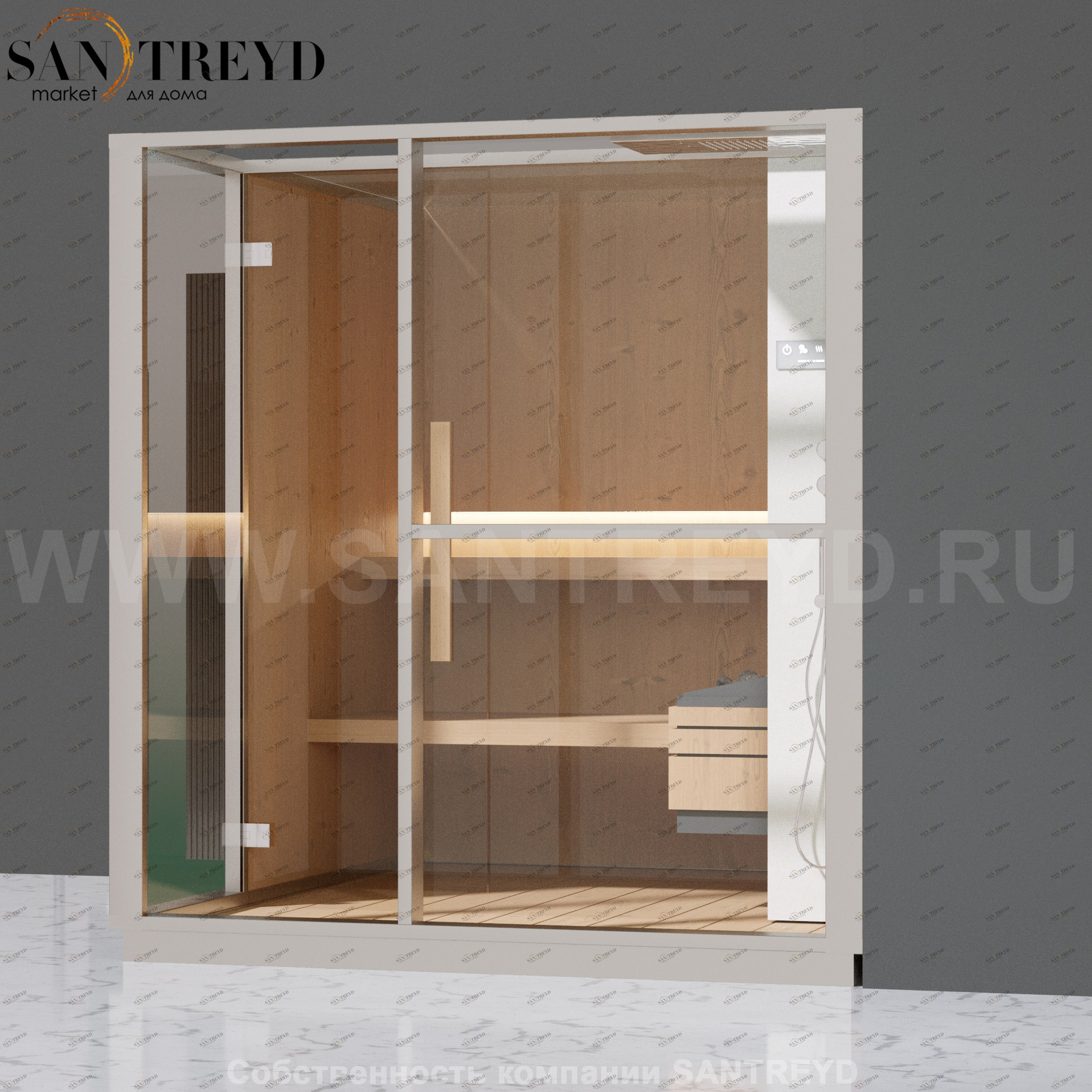 Effegibi LOGICA S LO20020007 Сауна. Установка: в правый угол. Правая дверь. Мощность: 6 кВт макс. Размеры: длина 214 см, ширина 250 см. Отделка: канадский хемлок, матовый лакированный белый аллюминий и серый ламинат из керамогранита.