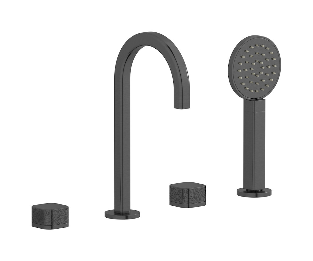 Смеситель на бортик ванной на 4 отверстий с дивертером и душевым гарнитуром. WE ARE IB eo396cs_2 Brushed Black Chrome Elio