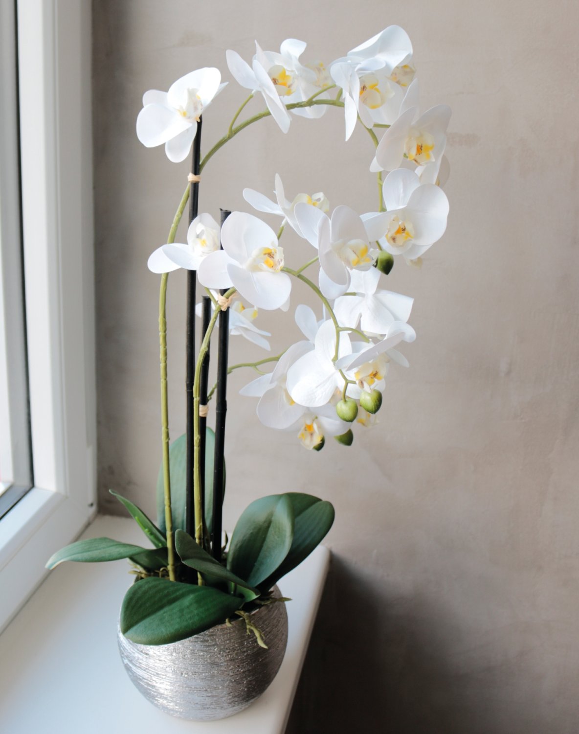 2778 778 a3 Пластиковая орхидея Phalaenopsis, 3-х кратная, горшечная, 55 см, real touch, бежево-белая H-andreas  - Вид №8