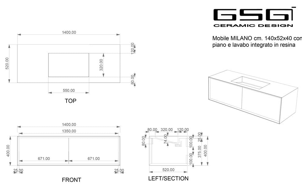 Подвесной шкаф для умывальника из МДФ со встроенной раковиной и ящиками GSG Ceramic Design Милан ARCH-00134288 - Вид №4