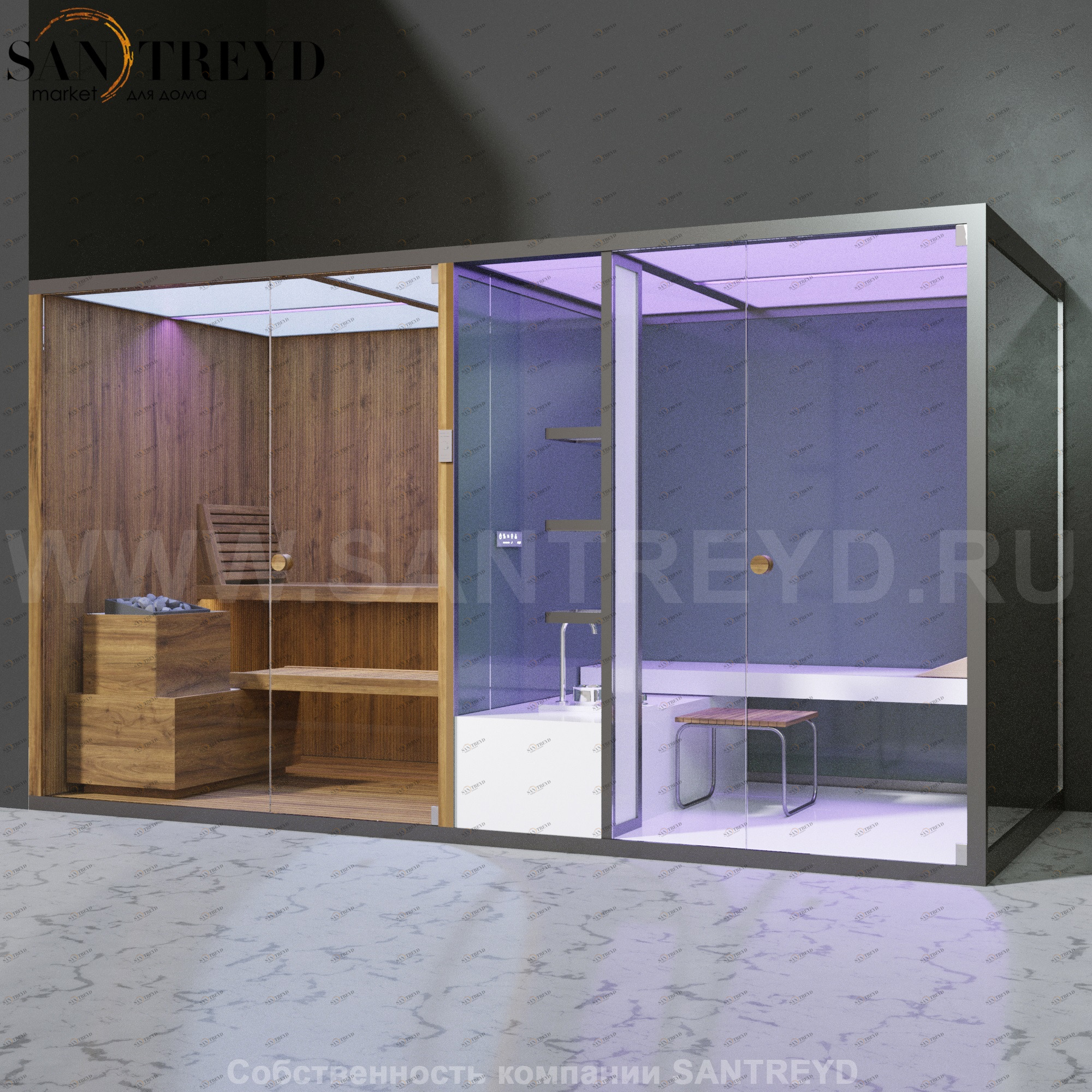 Effegibi BODYLOVE SH BL40230005 Фронтальная комбинированная баня: хаммам и сауна. Установка: в левый угол. Мощность: 15 кВт макс. Размеры: длина 393 см, ширина 176 см. Отделка: термообработанная древесина, гладкое стекло и зеркало.