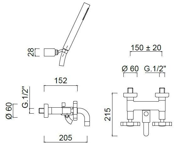 Rubinetteria Giulini Настенный смеситель для ванны на 2 отверстия с ручным душем Giò crystal - giò F3601/s - Вид №2