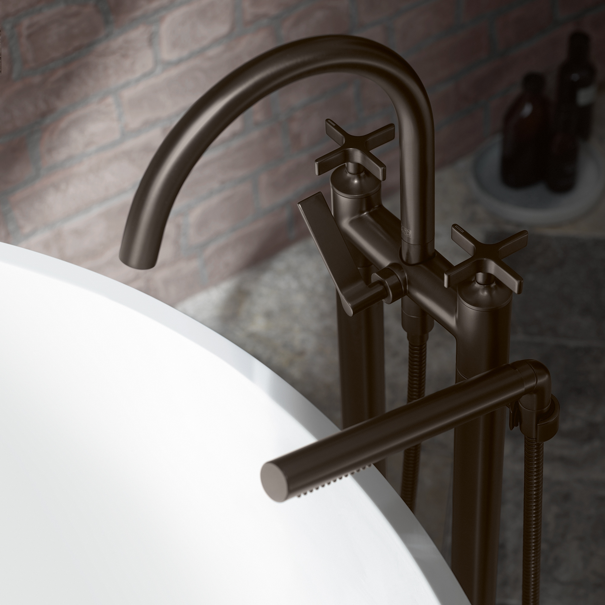 VAIA Смеситель для ванны на два отверстия, отдельностоящая установка с ручным душем - матовая платина DornBracht 25943809-06 - Вид №1