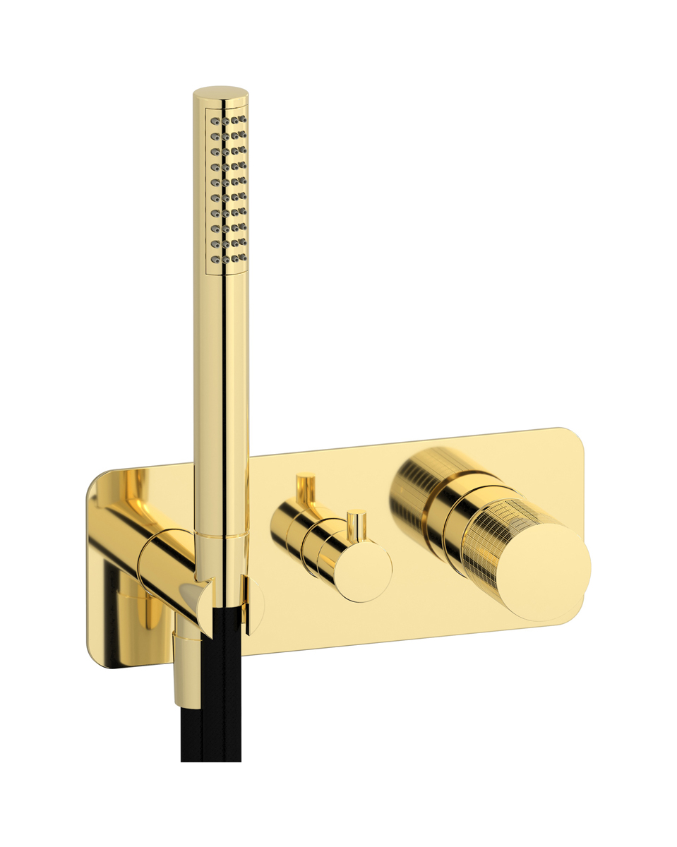 Внешние части встроенного в стену смесителя на 3 потребителя в комплекте с душевым гарнитуром. WE ARE IB ga314ii Pale Gold Gatsby