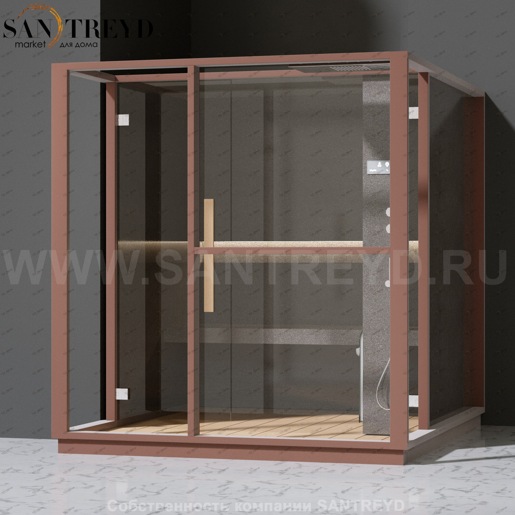 Effegibi LOGICA H LO30030013 Хаммам. Установка: в левый  полуугол. Правая дверь. Мощность: 4,5 кВт макс. Размеры: длина 214 см, ширина 250 см. Отделка: матовый лакированный коричневый аллюминий и темный ламинат из керамогранита.