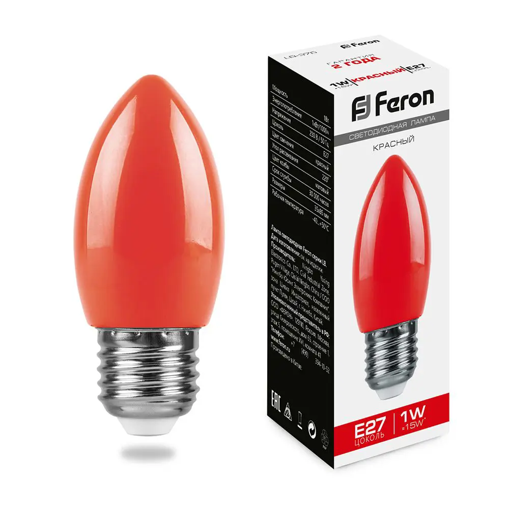 Лампа светодиодная Feron E27 LB-376 230 В 1 Вт свеча красный цвет света STLM-2057299 - Вид №1
