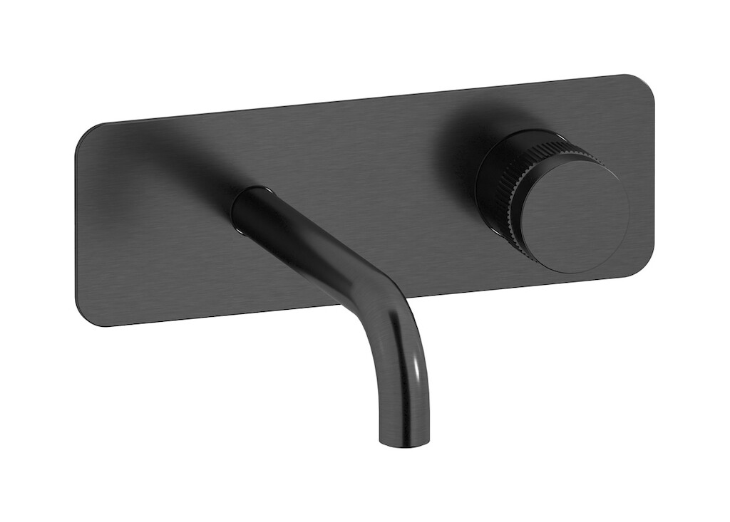 Настенный смеситель для раковины прогрессивный на 2 отверстия в комплекте с донным клапаном. WE ARE IB rx206cs Brushed Black Chrome Reflex