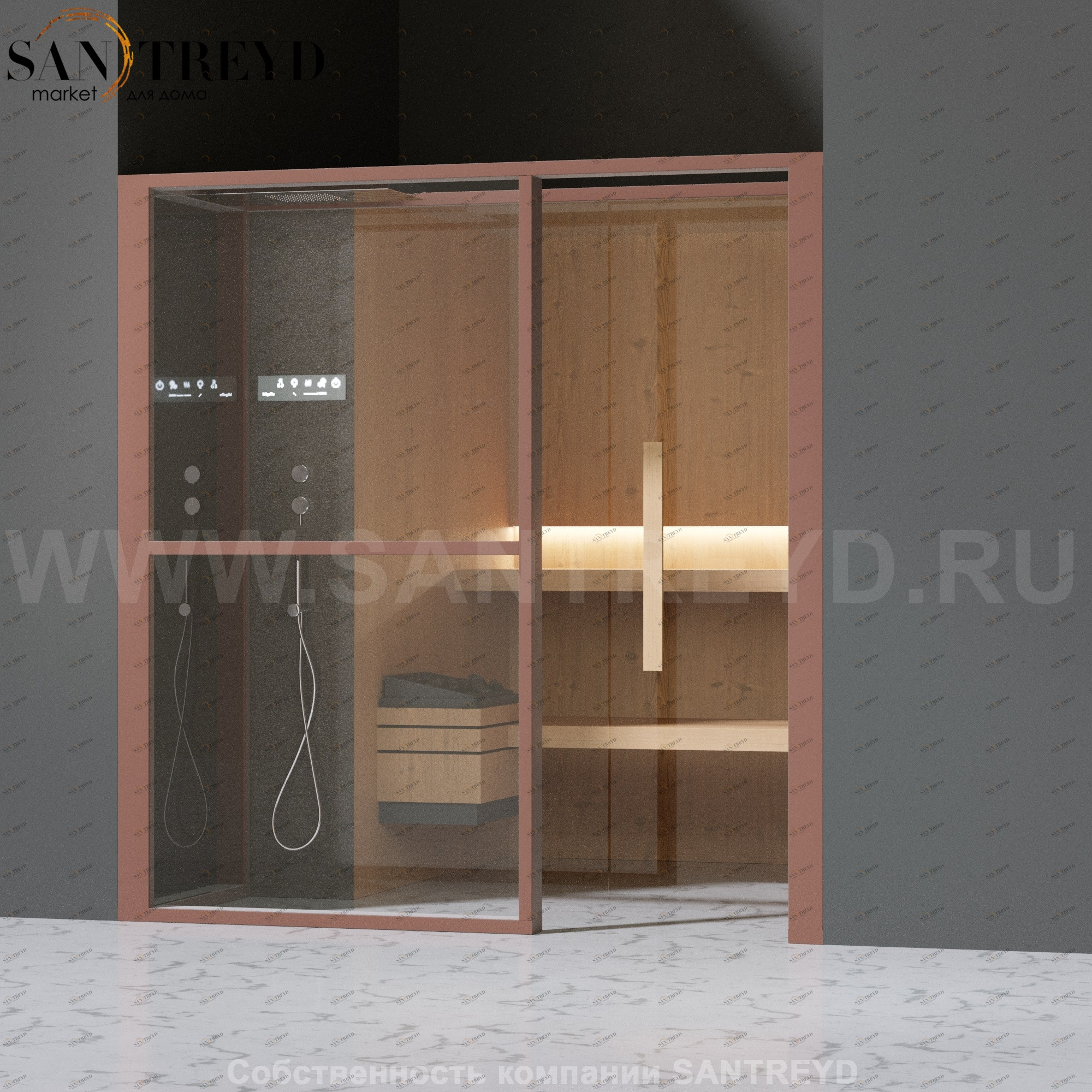 Effegibi LOGICAFILO S LO21030010 Сауна. Установка: в нишу. Левая дверь. Мощность: 6 кВт макс. Размеры: длина 214 см, ширина 250 см. Отделка: канадский хемлок, матовый лакированный коричневый аллюминий и темный ламинат из керамогранита.