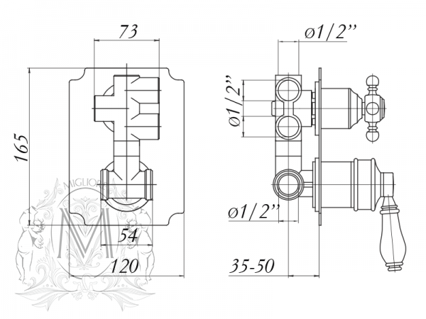 Смеситель MIGLIORE Ermitage ML.ERM-7032.BI.BR скрытого монтажа с девиатором 4-х позиционный, бронза  - Вид №1