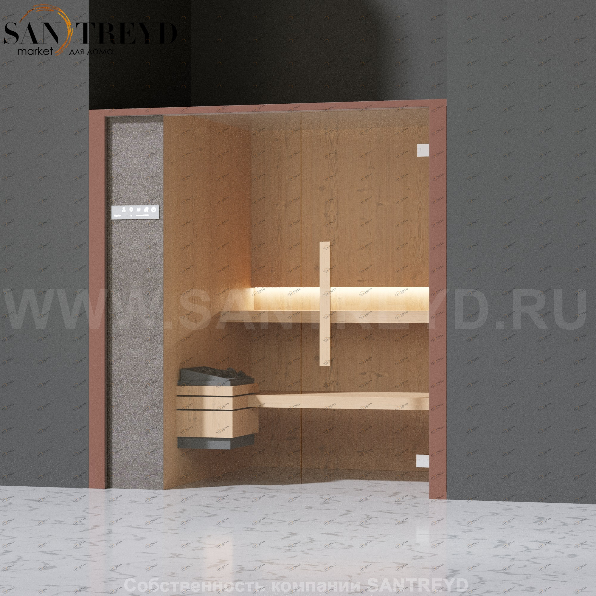 Effegibi ONEFILO S LO51030010 Сауна. Установка: в нишу. Левая дверь. Мощность: 4,5 кВт макс. Размеры: длина 214 см, ширина 171 см. Отделка: матовый лакированный коричневый аллюминий и темный ламинат из керамогранита.