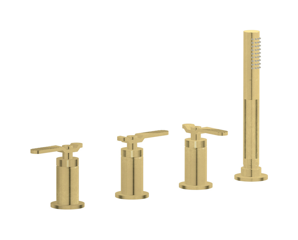 Смеситель на бортик ванной на 4 отверстия с изливом, дивертером и душевым гарнитуром. WE ARE IB b2397on Natural Brass Bold